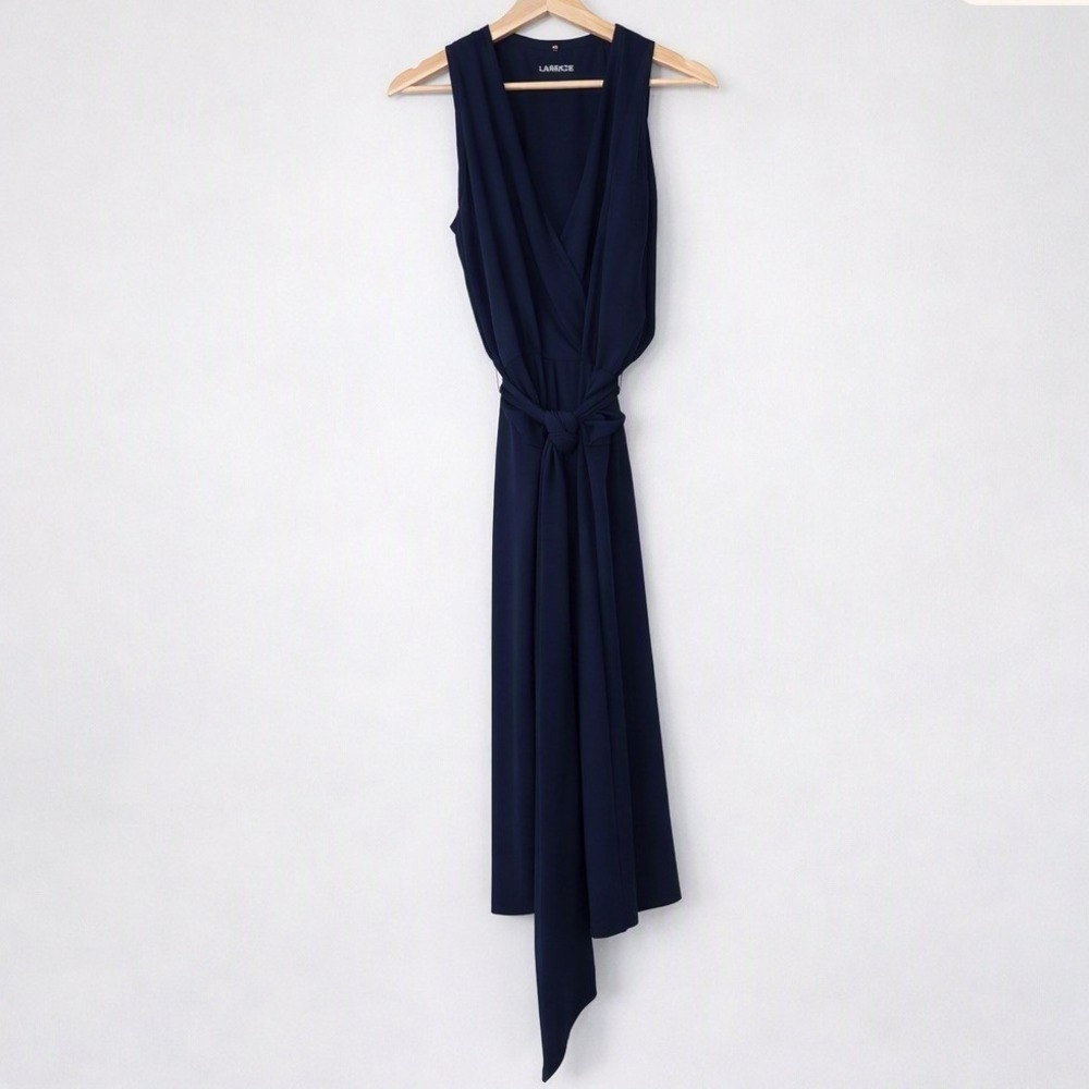 Lauren Ralph Lauren Navy Draped V Neck Sash Belt Dress Sleeveless Midi Size 6 - Picture 4 of 6